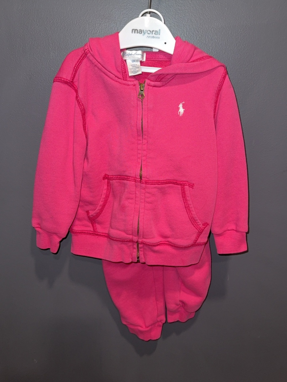 Ralph Lauren Hot Pink Hoodie & Jogger Set for Baby Girl Toddler 18M Zip Up